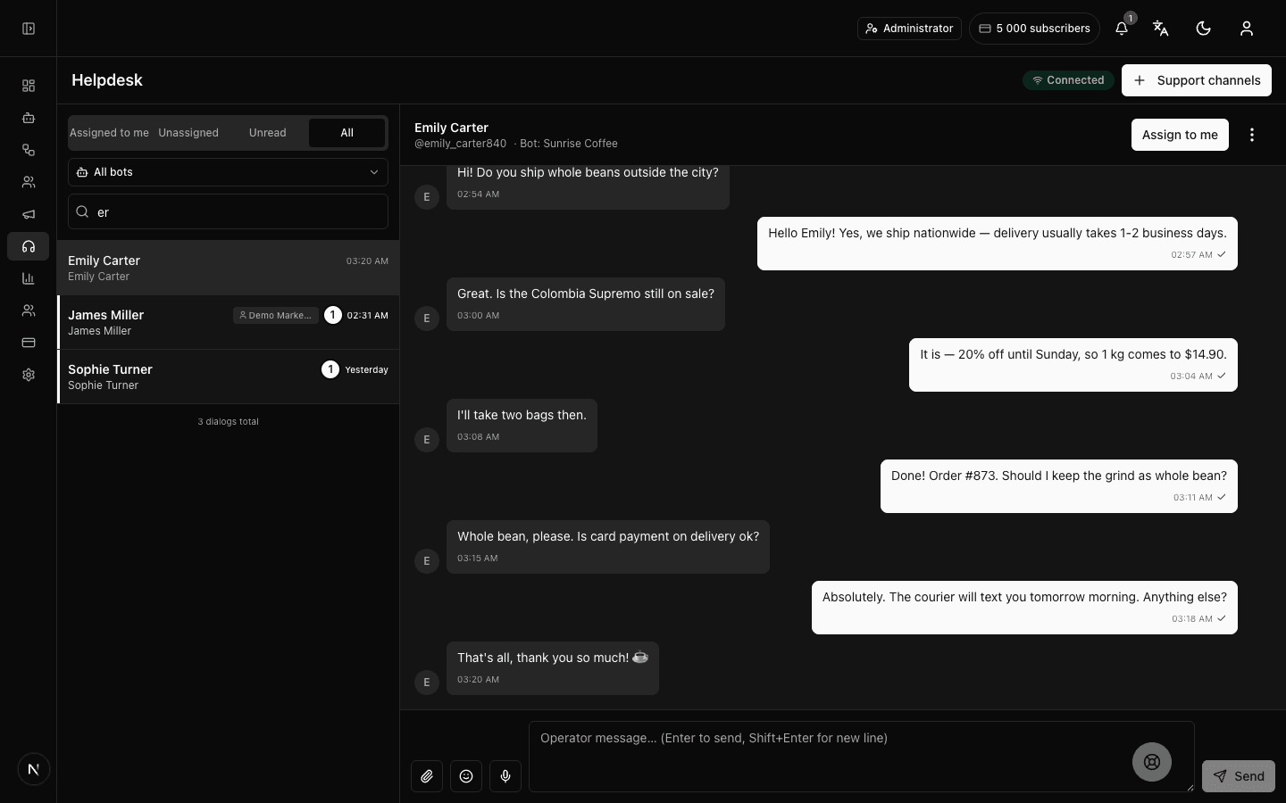Live chat with Telegram bot subscribers: dialog list and a live operator conversation in one window