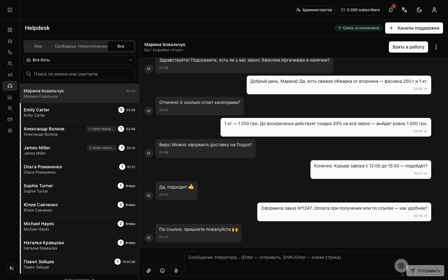 Чат с подписчиками Telegram-бота: список диалогов и живая переписка оператора с клиентом в одном окне